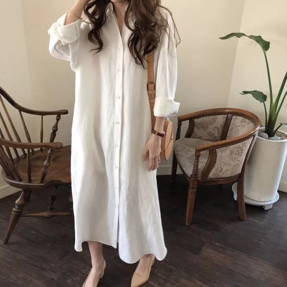 Shirt dress long women’s button collar top pockets  white - Picture 3 of 13